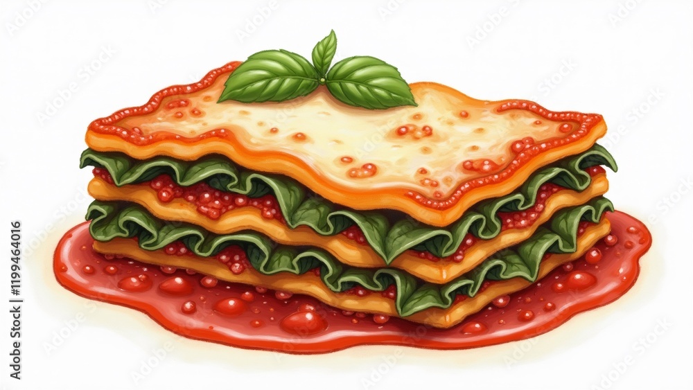 Poster the image is a digital illustration of a stack of lasagna. the lasagna is made up of layers of layer