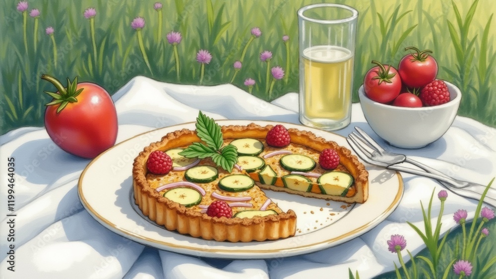 Poster the image is a digital illustration of a table setting in a garden. on the table, there is a white p
