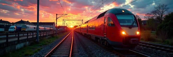 Naklejka premium A vibrant sunset illuminating a train on the railway tracks, showcasing travel spirit.