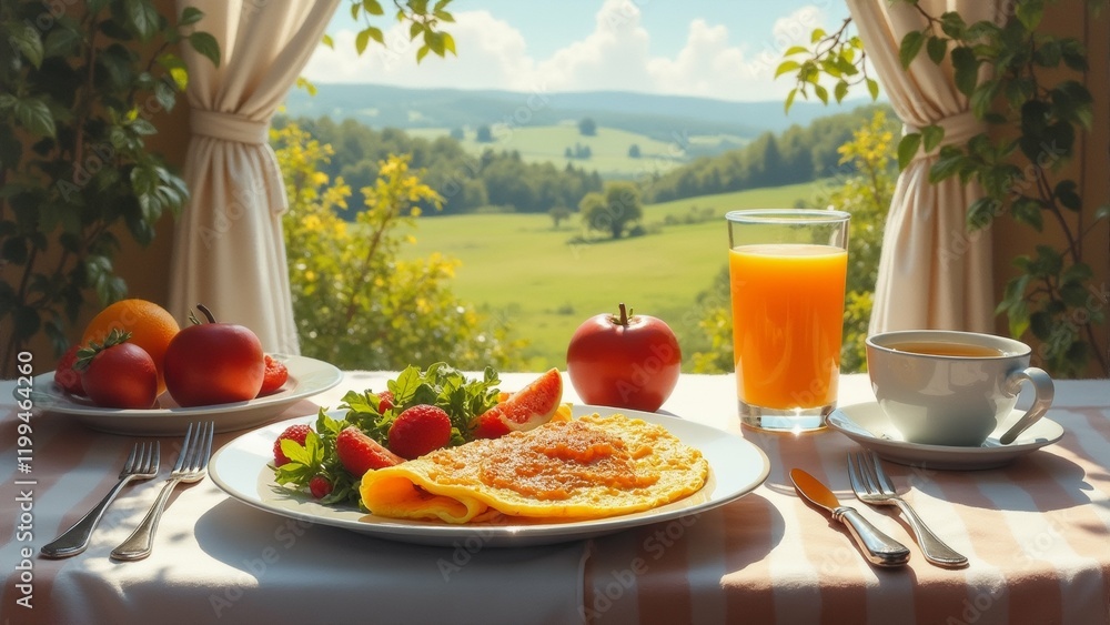 Poster the image shows a breakfast table set up in a room with a beautiful view of the countryside. the tab
