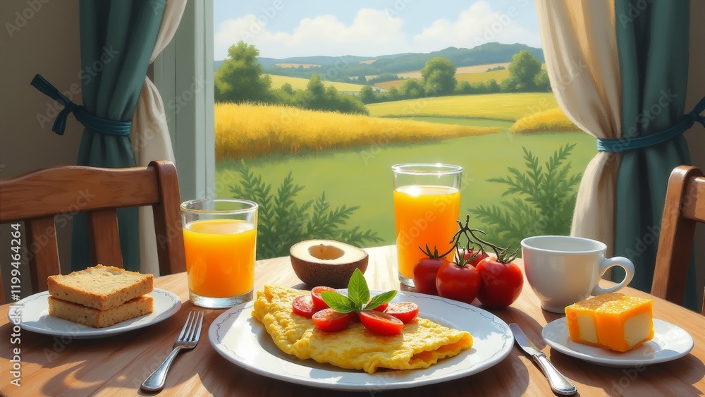 Poster the image shows a breakfast table with a view of a green field and mountains in the background. on t
