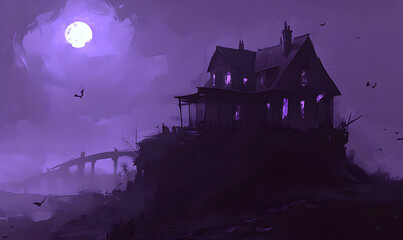 Eerie haunted house silhouette on clifftop under a purple moon, bats flying, mysterious atmosphere. Ideal for Halloween, gothic, mystery, fantasy themes.