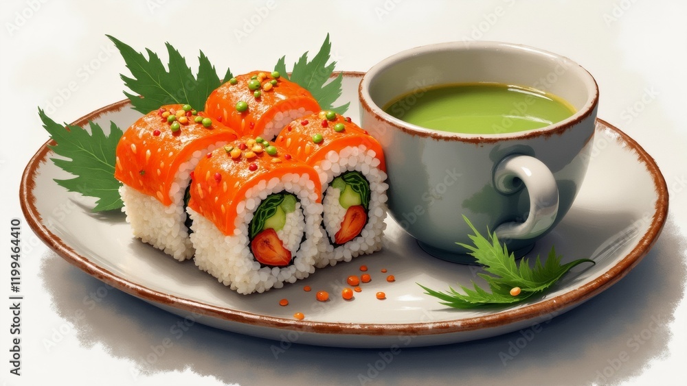 Poster the image shows a plate of sushi rolls and a cup of green tea. the sushi rolls are arranged in a cir