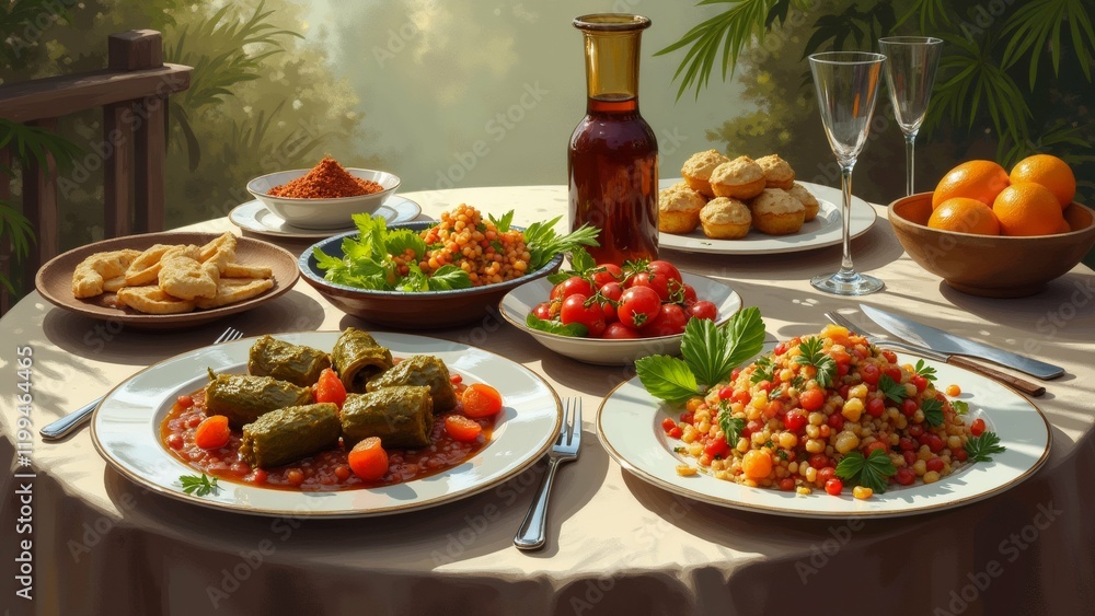 Poster the image shows a table set up for a meal in a garden-like setting. the table is covered with a whit