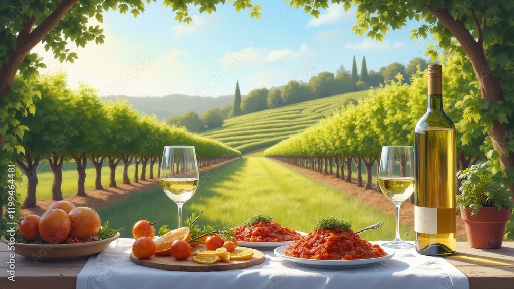 Poster the image shows a table set up in a vineyard with a beautiful view of the countryside. the table is 