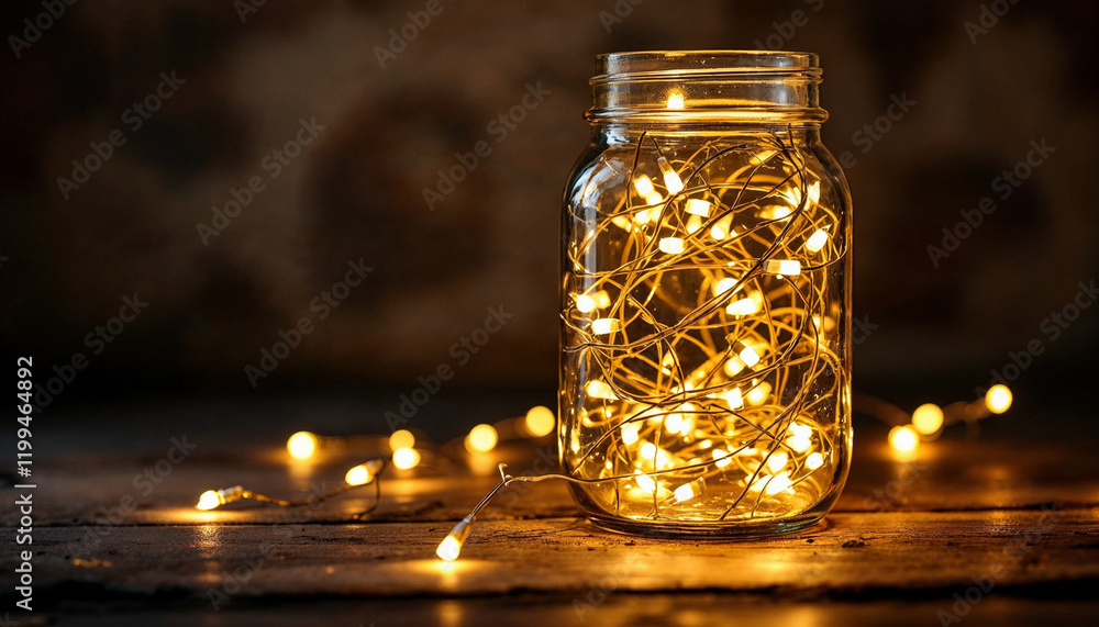 Poster glass jar filled with warm fairy lights creating a cozy atmosphere in a rustic setting