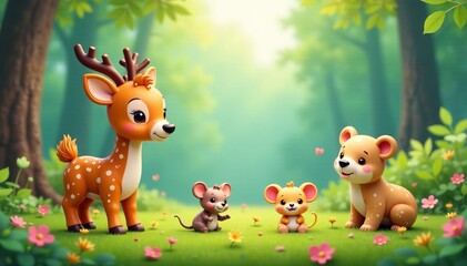 Naklejka premium A whimsical forest scene featuring cute animals playing in a vibrant, lush environment.