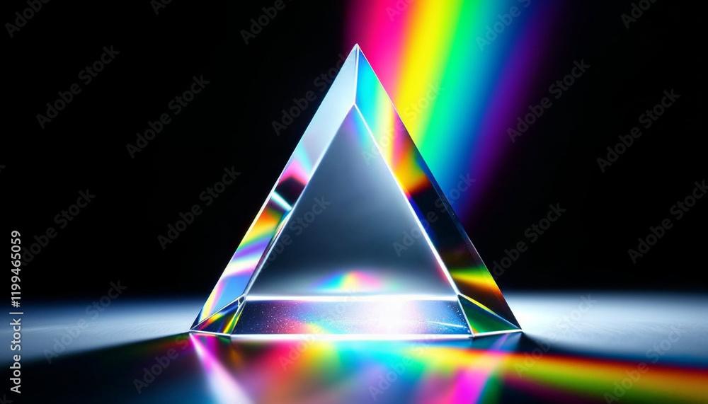 Poster prism refracting light creates a striking rainbow display in dark setting