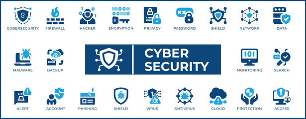 Cyber Security Icon Set. Features editable icons for cybersecurity, data security, network security, privacy, and more. Perfect for cybersecurity professionals, IT professionals, and businesses.