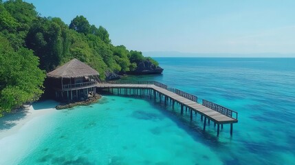 Fototapeta premium A serene tropical beach scene featuring a wooden pier extending into crystal-clear waters, surrounded by lush greenery.