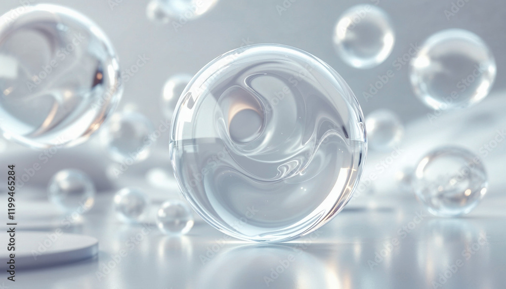 Poster clear glass bubbles floating gracefully in a soft, illuminated space with gentle reflections and sha
