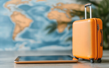 digital tablet displaying global map next to orange suitcase, symbolizing travel and exploration. This evokes sense of adventure and wanderlust