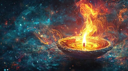 Single lit oil lamp against a cosmic backdrop of stars and galaxies. Represents spirituality, hope, and the connection between light and the universe. Generative AI.