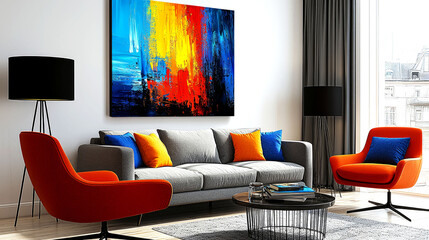 Modern Living Room Interior Design with Vibrant Abstract Art and Stylish Furniture