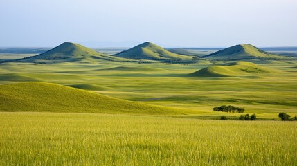 Fototapeta premium Rolling green hills and vast wheat field under a clear sky.