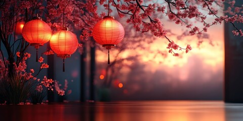 Obraz premium Serene Sunset: Cherry Blossoms and Lanterns