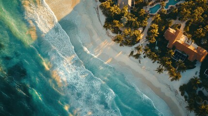 A captivating image of a beach at sunset, with the ocean meeting the horizon. The clear sky above reflects off the water's surface, creating a serene and tranquil atmosphere.
