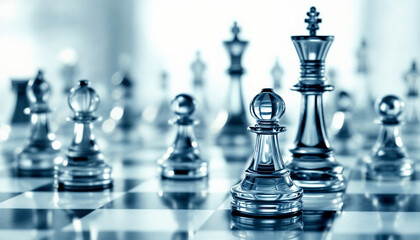 Intricate glass chess pieces arranged on a black and white checkerboard for an intense match