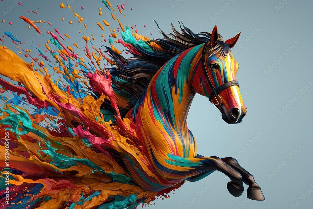 Poster a vibrant horse leaps through a splash of colorful paint, blending art and nature in a dynamic displ
