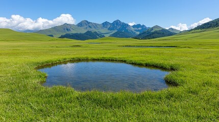 Obraz premium Serene mountain landscape with small pond reflecting the sky and mountains in a lush green meadow.