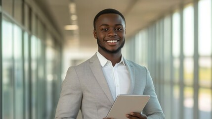 Fototapeta premium black man in suit and tablet smiling at camera
