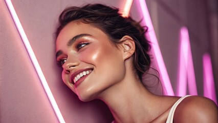 A portrait of a young woman with olive skin adorned with a gentle pink neon light that cascades over her angular cheekbones. This soft illumination gives her skin a radiant quality