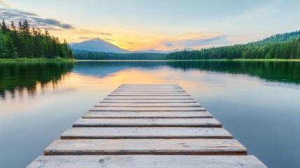 Obraz premium Serene sunset over calm lake, wooden dock extending towards mountain range.