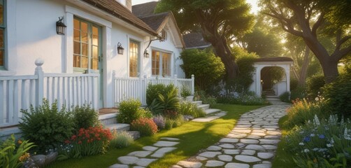 A charming white cottage at sunset with a lush green garden and a stone path leading to the front door, garden, charming