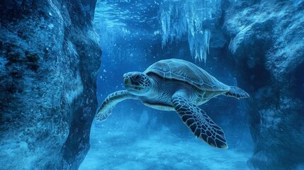 Fototapeta premium Underwater sea turtle swimming in a blue ocean cave.