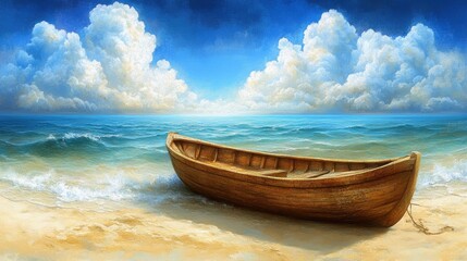 Tranquil Wooden Boat on Serene Beach with Blue Sky and Clouds