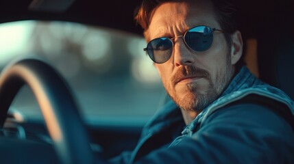 Determined Actor in Sunglasses Driving a Car