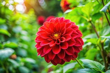 A close-up of a blooming red flower in a garden amidst lush greenery and vines, floral, nature, vines, colorful