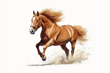 Obraz premium A powerful horse gallops gracefully, showcasing its muscular build and flowing mane against a minimalistic background.