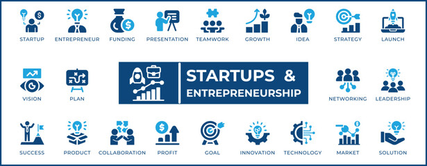 Startups and Entrepreneurship Icon Set. Features editable icons for business, leadership, and more. Perfect for startups, entrepreneurs, and investors.