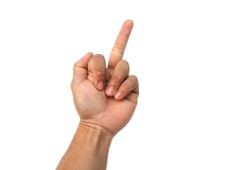 Male hands making the Fuck You symbol gesture, isolated on white background.	