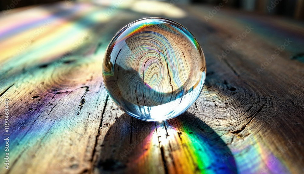 Poster crystal sphere reflecting light across wooden surface with colorful patterns