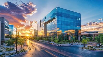 Fototapeta premium Modern glass office buildings at sunset.