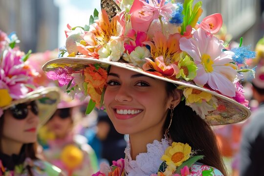 Woman wearing extravagant floral hat smiling at easter parade