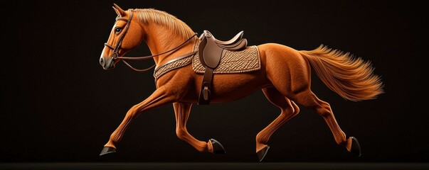 A dynamic image of a brown horse in motion, showcasing its muscular build and saddle against a dark background.