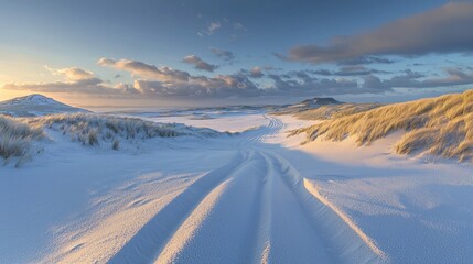 Snowy dune landscape with tire tracks at sunrise.