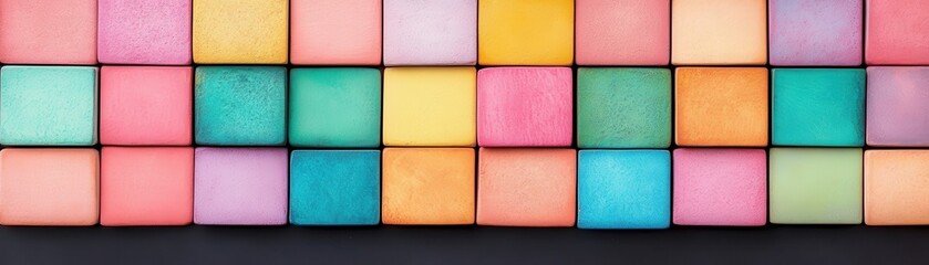 Fototapeta premium A vibrant grid of colorful squares, showcasing shades of pink, blue, green, and yellow, creating an appealing, abstract pattern.