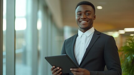 Fototapeta premium black man in suit and tablet smiling at camera