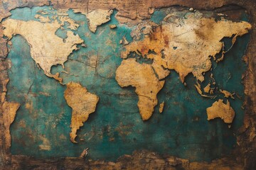 Vintage golden world map showing continents and oceans