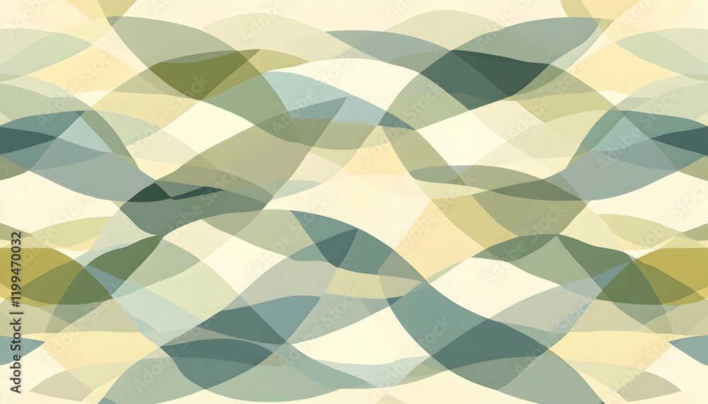 Poster abstract seamless pattern with overlapping translucent shapes in muted greens and beige tones, ideal
