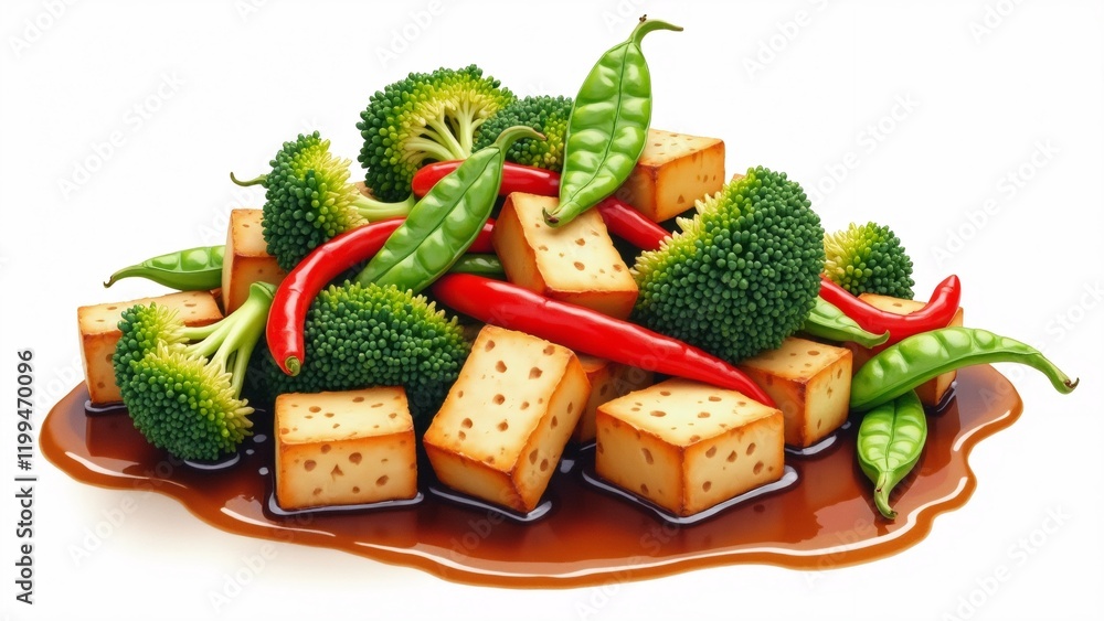 Poster the image is a 3d rendering of a dish made of tofu and vegetables. the tofu is arranged in a circula