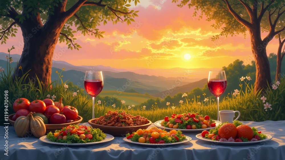 Poster the image is a beautiful landscape of a table set up for a meal in a garden. the table is covered wi