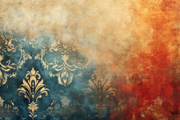 Elegant vintage wallpaper showing gold damask pattern on blue and red background