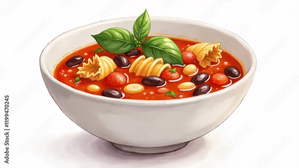 Poster the image is a digital illustration of a bowl of tomato soup. the bowl is white and has a round shap