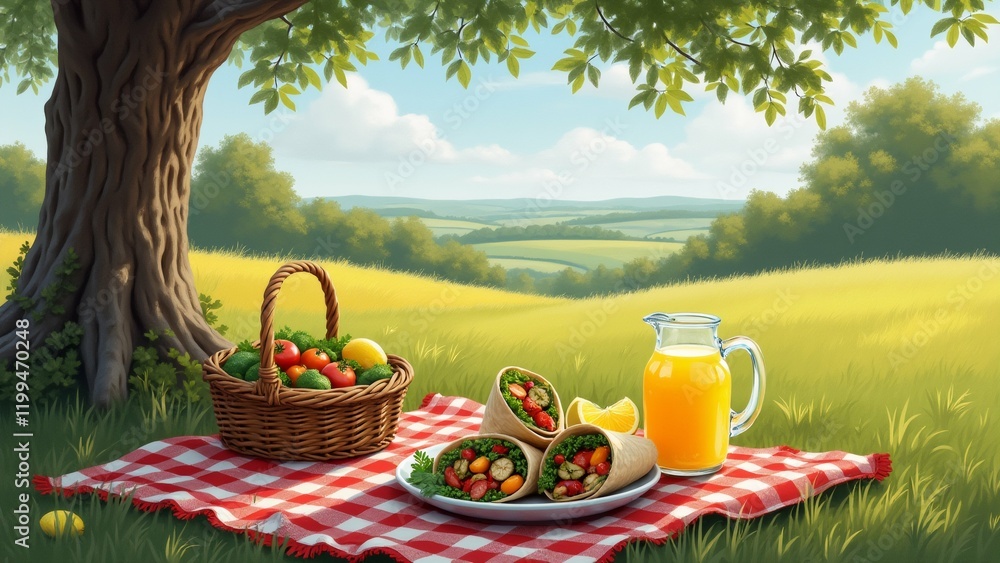 Poster the image is a digital illustration of a picnic scene in a green field. the scene is set under a lar