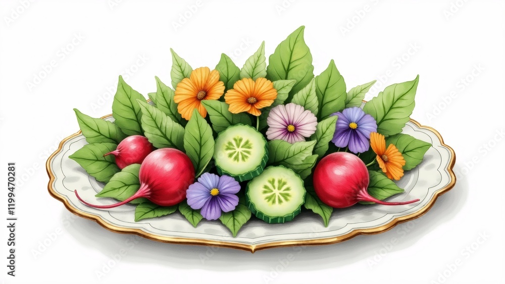 Poster the image is a digital illustration of a plate with a variety of colorful flowers and vegetables arr